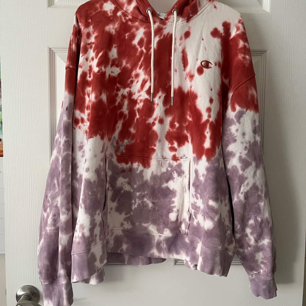 Champion Brick Red, White and Purple Tie-Dye Sweatshirt